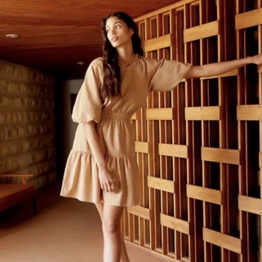 Madewell Brown Seersucker Puff-Sleeve Cutout Mini Dress Size S